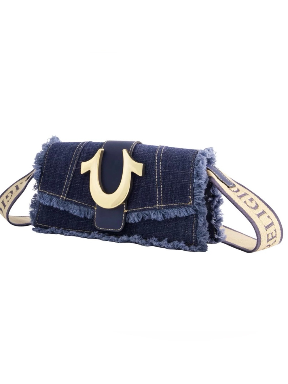 True Religion Navy Denim Fringe Crossbody with Gold Hardware
